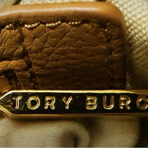 Tory Burch Tan Leather Tote with orange gold cherry keychain Charm - Picture 8 of 17